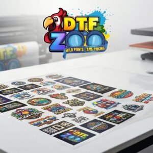 DTF upload gang sheet with multiple custom transfers on a worktable beside heat press machine in print shop
