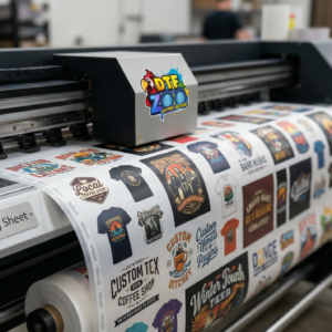 Rolling gang sheet builder DTF transfers printing on wide format printer showing multiple custom designs for bulk DTF printing
