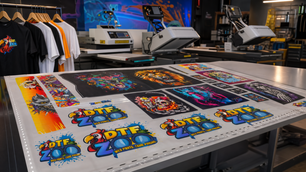 Custom DTF gang sheets displayed in a professional print shop workspace