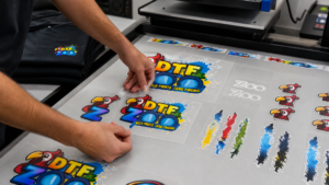 Custom DTF gang sheets being prepared as ready to press transfers