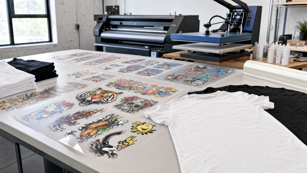DTF transfers wholesale gang sheets on a print shop table with blank shirts and heat press