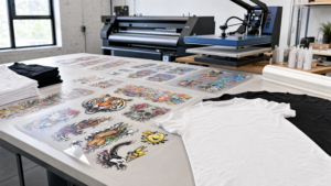 DTF transfers wholesale gang sheets on a print shop table with blank shirts and heat press